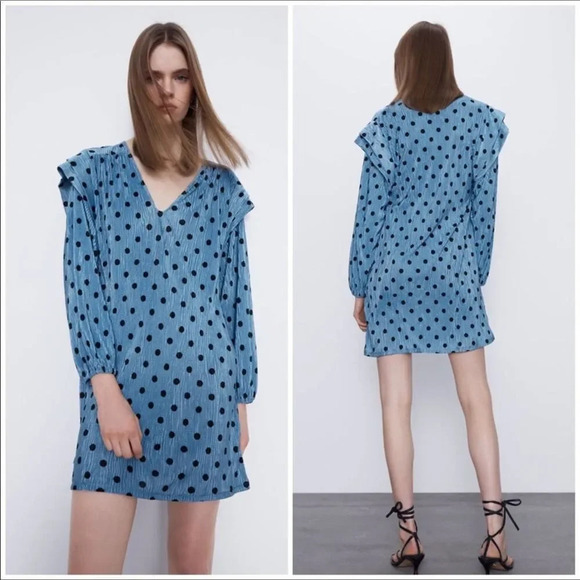 ZARA Polka Dot Mini Dress Blue & Black Ruffle Shoulders V Neck Medium - Picture 2 of 5